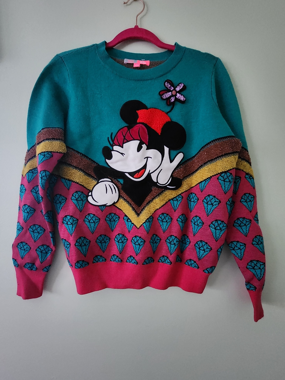 Disney Women's Teal, Pink & Gold Minnie Mouse Crewneck Sweater